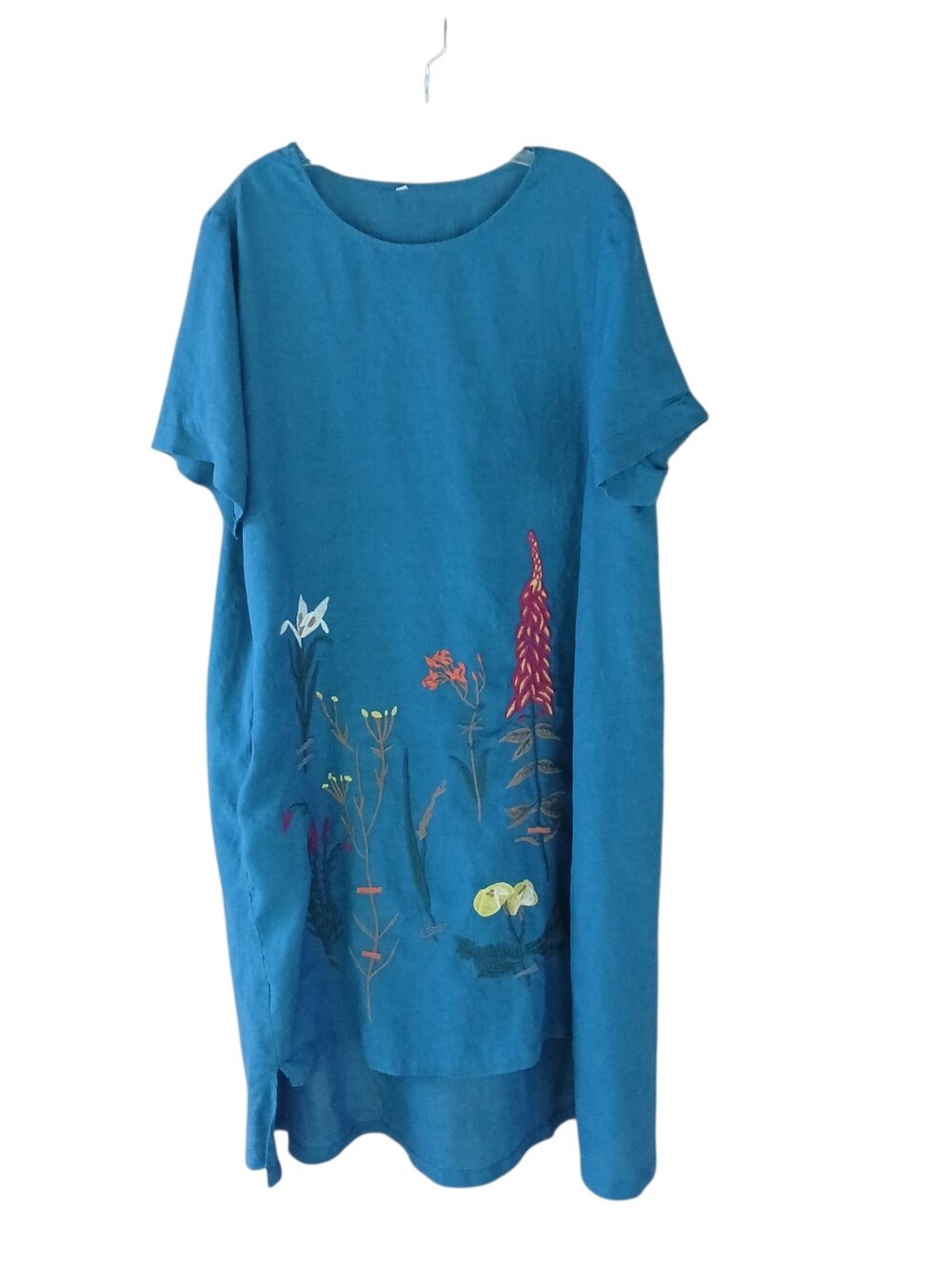 Minibee Teal Blue Embroidered Short Sleeved Linen Blend Midi Dress XL